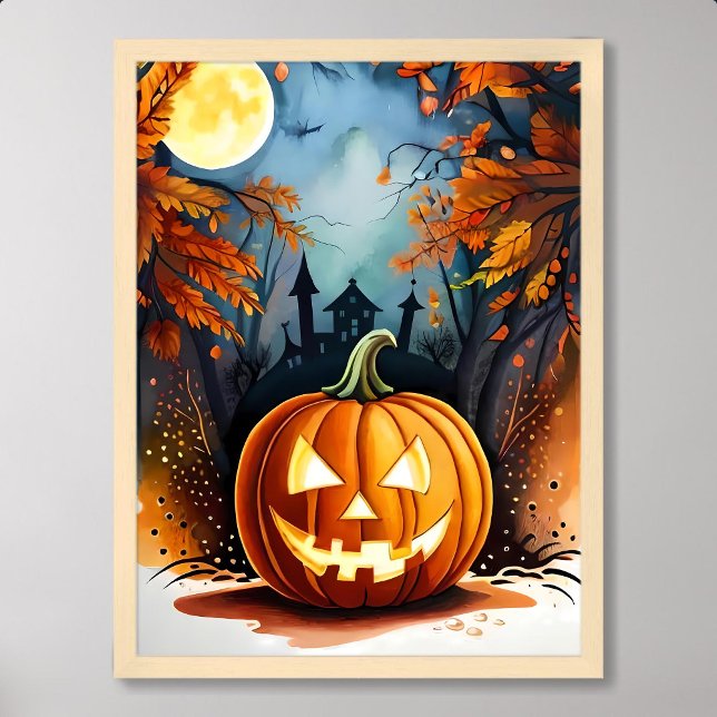 halloween som målar läskigt glänsande halvljus poster (halloween painting scary glowing pumpkin moonlight)