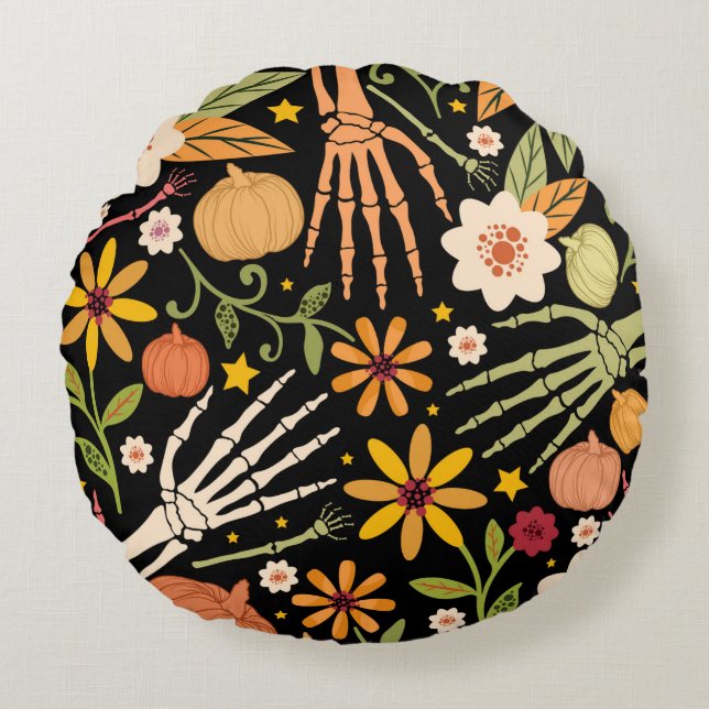 Halloween sömlös mönster med ben och blommigt e rund kudde (Framsidan)