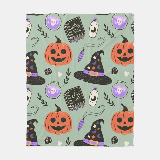 Halloween sömlös mönster med häxhatt,pumpa  fleecefilt (Framsidan)