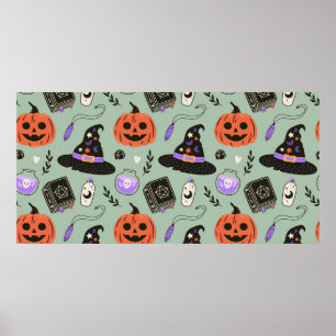 Halloween sömlös mönster med häxhatt,pumpa poster