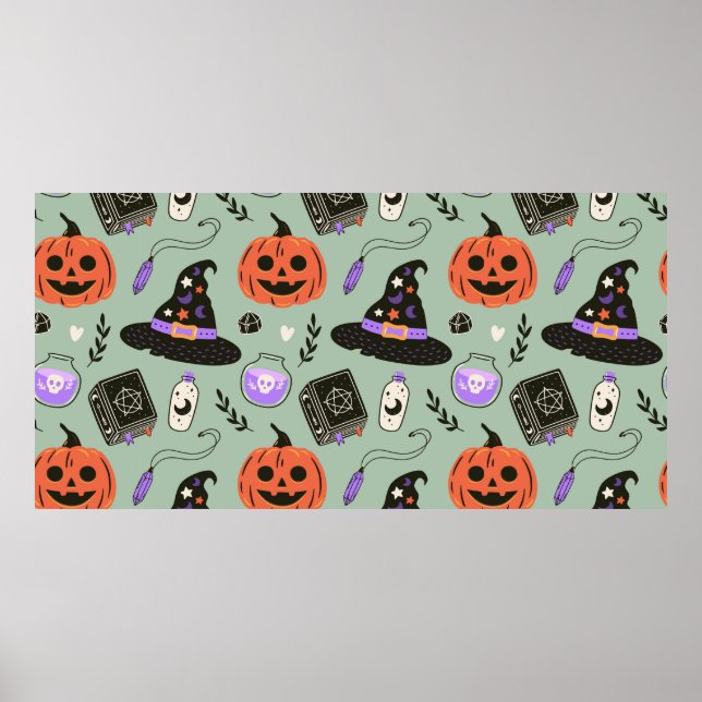 Halloween sömlös mönster med häxhatt,pumpa  poster (Framsidan)