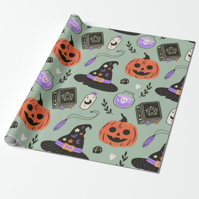 Halloween sömlös mönster med häxhatt,pumpa  presentpapper (Utrullad)