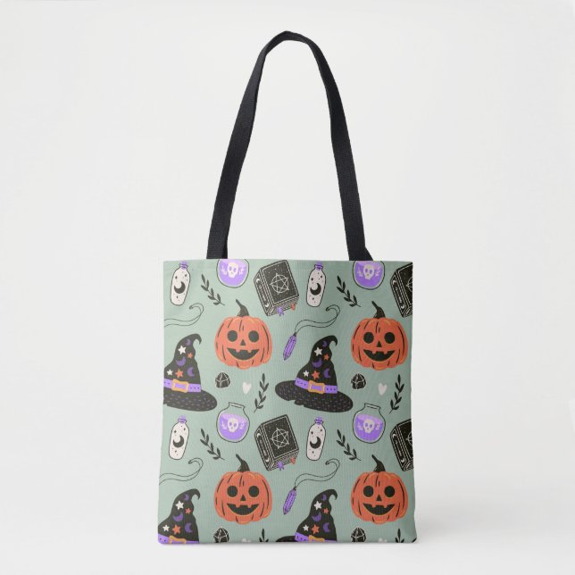 Halloween sömlös mönster med häxhatt,pumpa  tygkasse (Framsida)