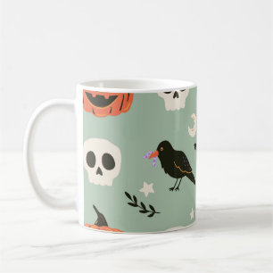 Halloween Sömlös mönster med ravens, döskallar och Kaffemugg
