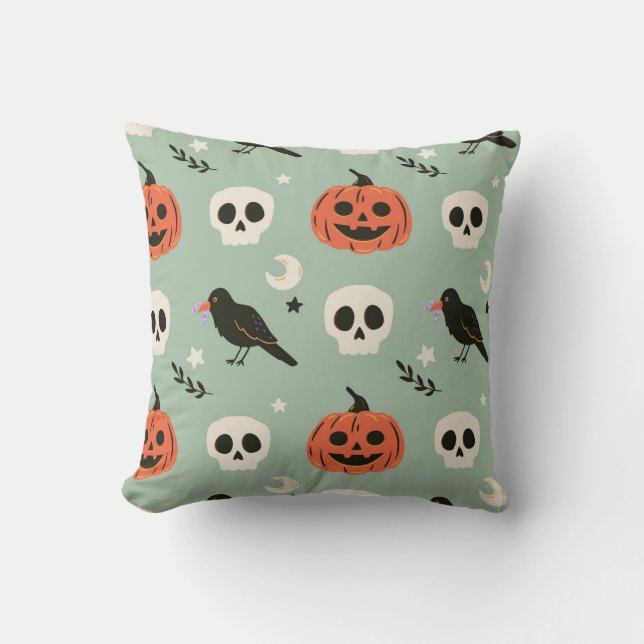 Halloween Sömlös mönster med ravens, döskallar och Kudde (Framsida)