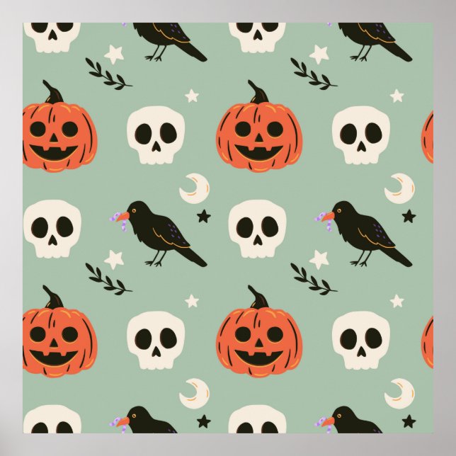 Halloween Sömlös mönster med ravens, döskallar och Poster (Framsidan)