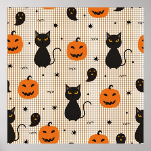 Halloween sömlös mönster med svart katt och ghos poster