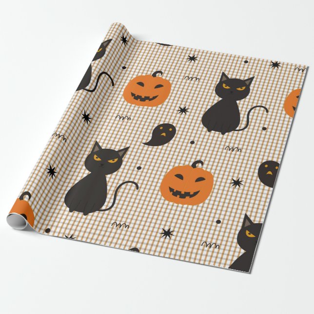 Halloween sömlös mönster med svart katt och ghos presentpapper (Utrullad)
