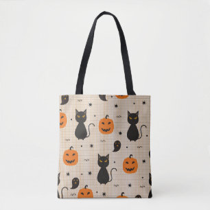 Halloween sömlös mönster med svart katt och ghos tygkasse