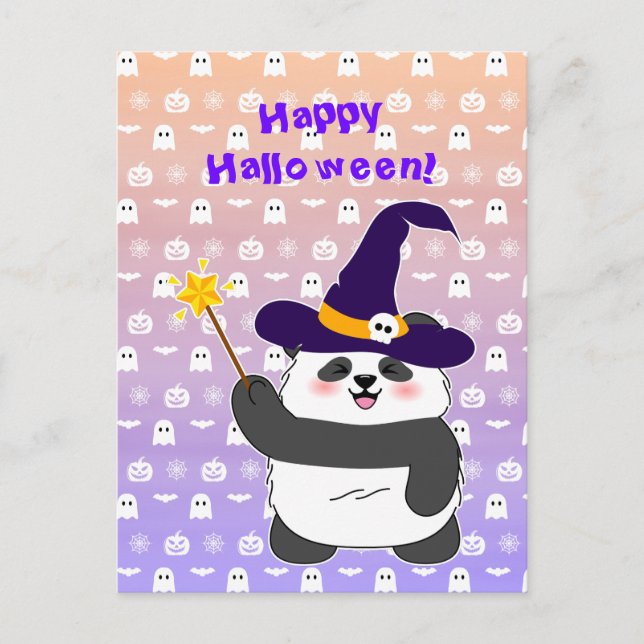 Halloween Söt Baby Panda Häxa Magisk Stav Vykort (Framsida)