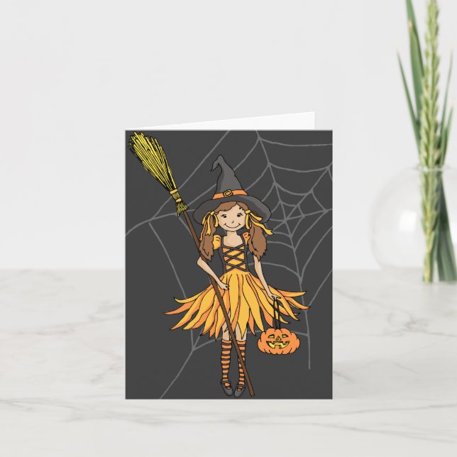 Halloween söt flicka med pumpkort kort (Framsida)