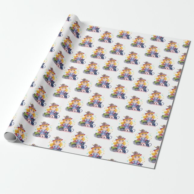 Halloween söt häxa och katt presentpapper (Utrullad)