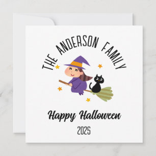 Halloween Söt Häxa på en Kvast Personligt Namn Julkort
