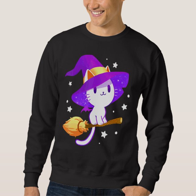 Halloween Söt Häxa Vit Katt Lång Ärmad Tröja (Framsida)