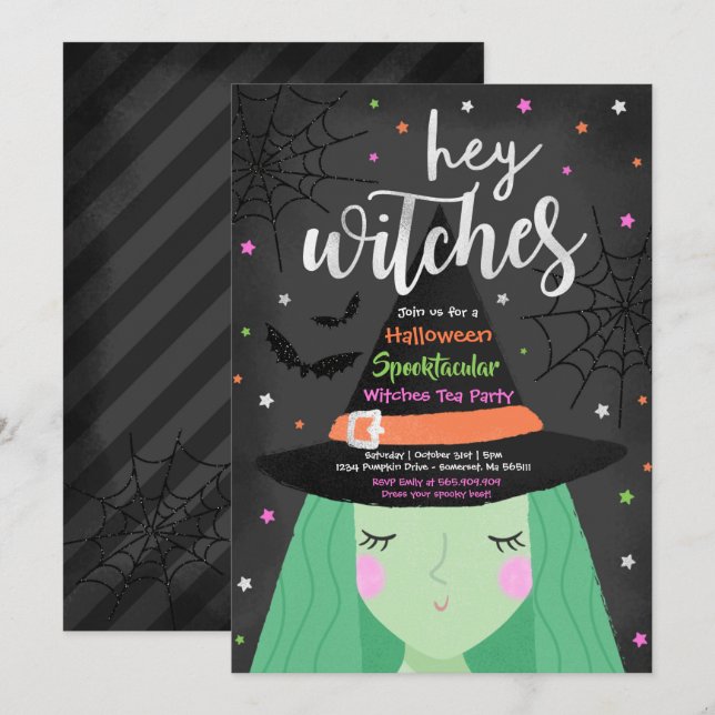 Halloween Söt Hej Häxor Halloween Tekvart Inbjudningar (Fram/baksida)