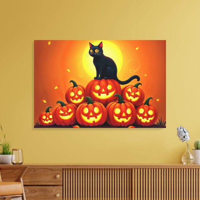 Halloween söt katt och Jackens lyktor Canvastryck (Insitu (Vardagsrum))