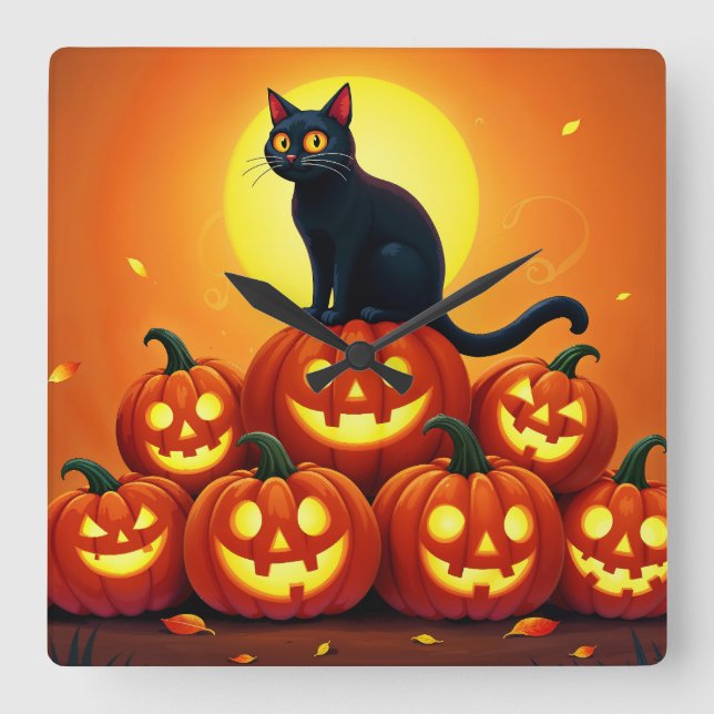 Halloween söt katt och Jackens lyktor Fyrkantig Klocka (Framsida)