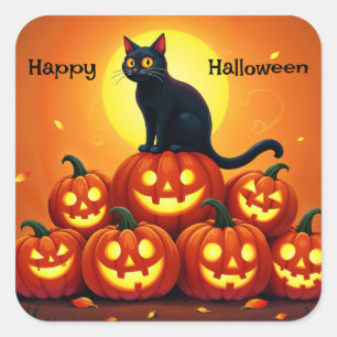 Halloween söt katt och Jackens lyktor Fyrkantigt Klistermärke