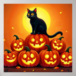 Halloween söt katt och Jackens lyktor Poster