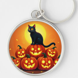 Halloween söt katt och Jackens lyktor Rund Silverfärgad Nyckelring