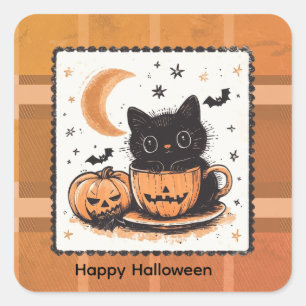 Halloween Söt Katt Pumpa Fyrkantigt Klistermärke