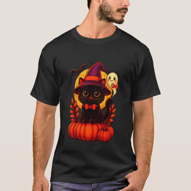 Halloween Söt Katt Pumpa Häxa Hatt Kostym T Shirt (Framsida)
