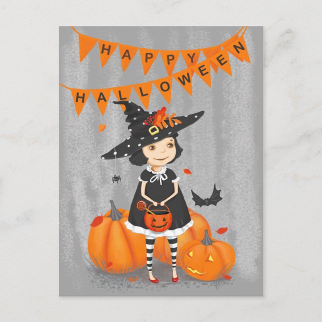 Halloween Söt Liten Häxa Vykort (Framsida)