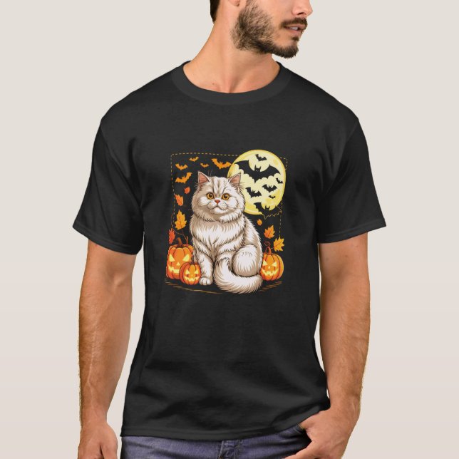 Halloween Söt Perserkattt Pumpa Kuslig Katt T Shirt (Framsida)