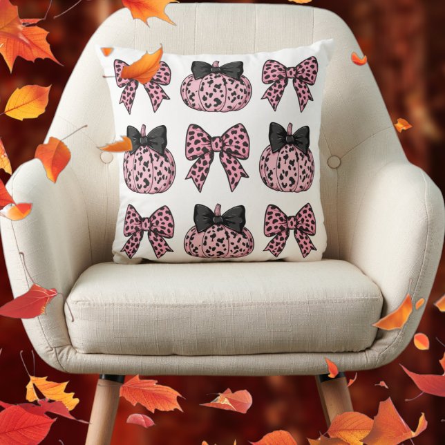 Halloween söt Pumpkins och bows rosa Coquette Kudde (Halloween cute Pumpkins and bows pink Coquette Throw Pillow)