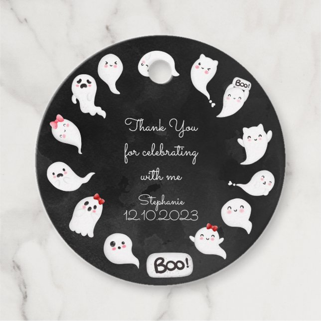 Halloween, söt, skrämmande spökflicka, tack gåvor etiketter (Framsida)