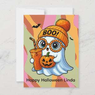 Halloween Söt Spöke Höst Rosa Orange Vykort