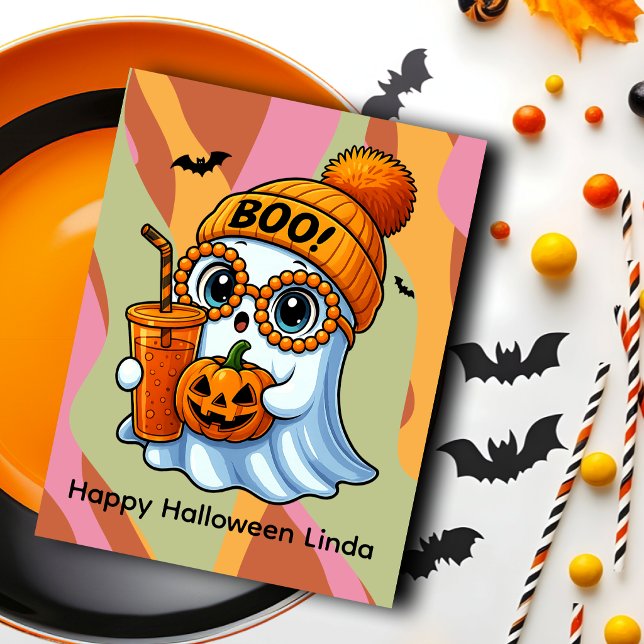 Halloween Söt Spöke Höst Rosa Orange Vykort (Skapare uppladdad)