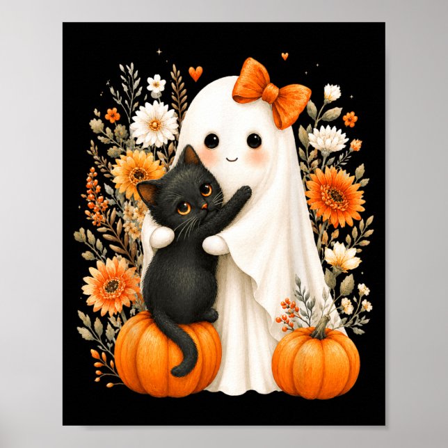 Halloween Söt Spöke Svart Katt Pumpa Blommig Poster (Framsidan)
