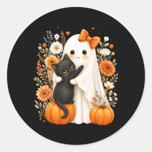 Halloween Söt Spöke Svart Katt Pumpa Blommig Runt Klistermärke