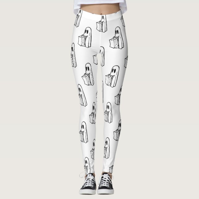 Halloween, Söt Vit Spöke, Bus eller Godis, Buh Leggings (Framsida)