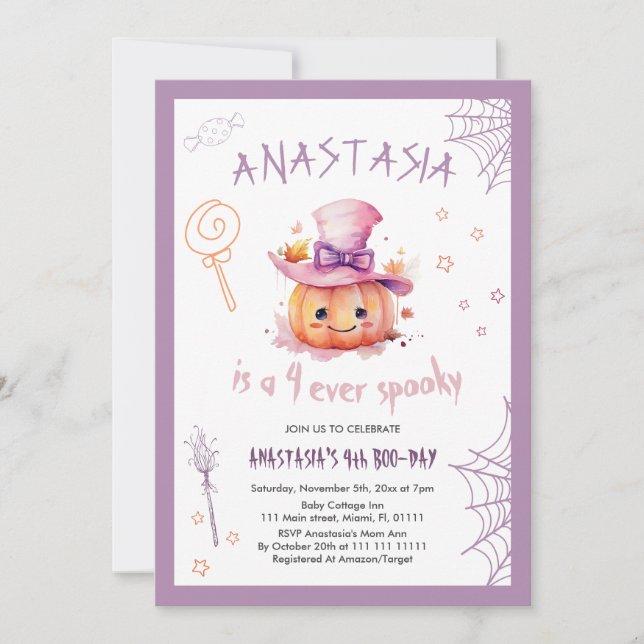Halloween Söta Pumpa Födelsedagsbaby Flicka 4-års  Inbjudningar (Framsida)