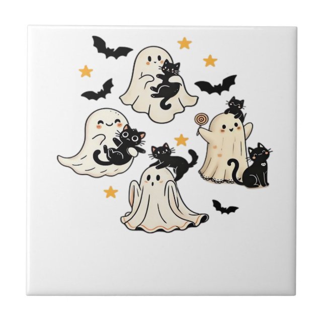 Halloween söta spöken fladdermöss svarta katter öv kakelplatta (Framsidan)