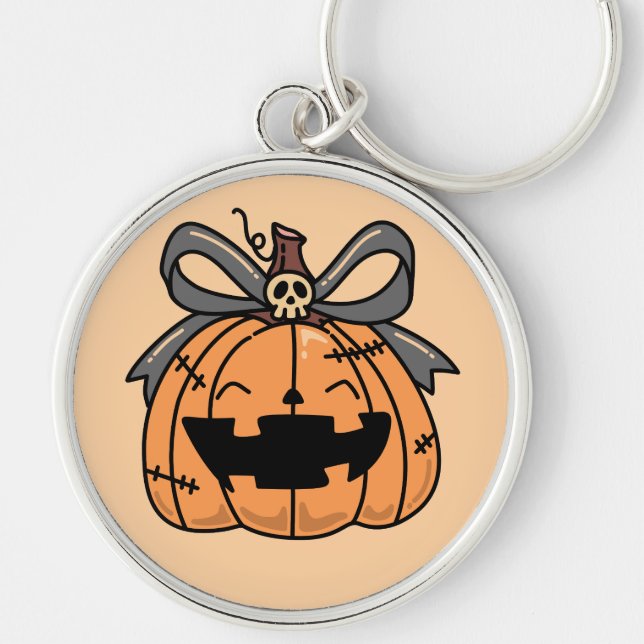 Halloween, sött ansikte pumpa rund silverfärgad nyckelring (Framsidan)