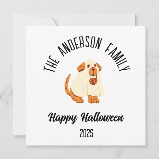 Halloween Sött Hund Ghost Kostym Personligt Namn Julkort (Framsida)