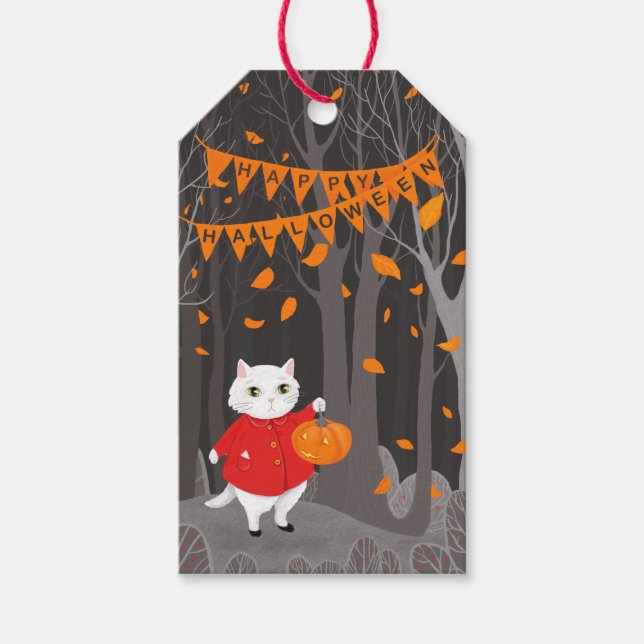 Halloween Sött Katt & Jack-o'-lantern Pumpa Presentetikett (Framsidan)
