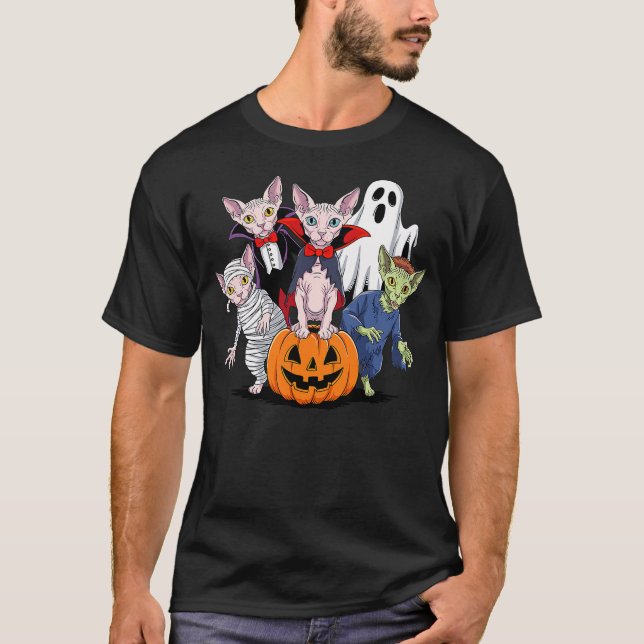 Halloween Sphynx Cat Ghost Vampire Mummy T Shirt (Framsida)