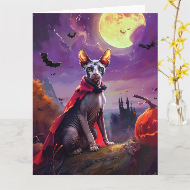 Halloween Sphynx Cat Vampire Pumpkins Scary Kort (Gul blomma)