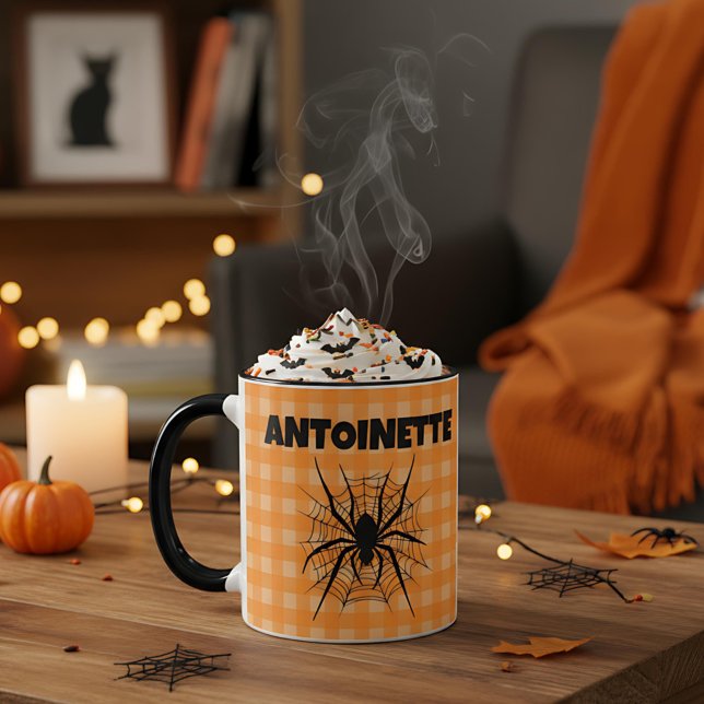 Halloween Spider in Cobweb Orange Gingham Plaid Mugg (Skapare uppladdad)