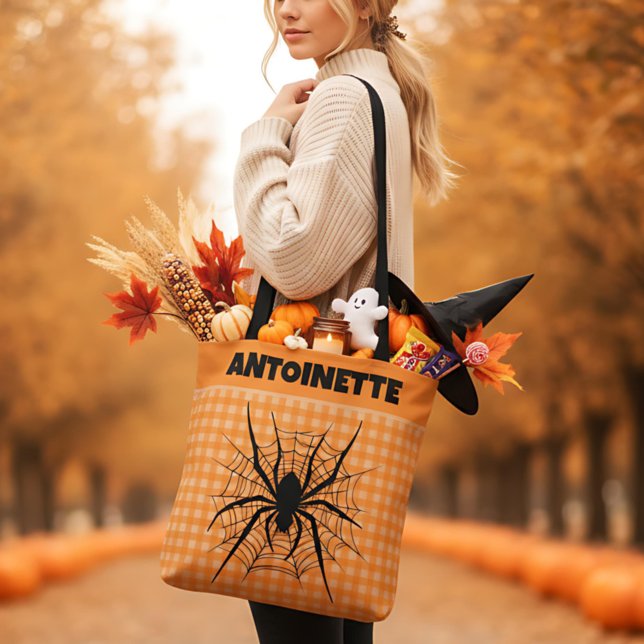 Halloween Spider in Cobweb Orange Gingham Plaid Tygkasse (Skapare uppladdad)