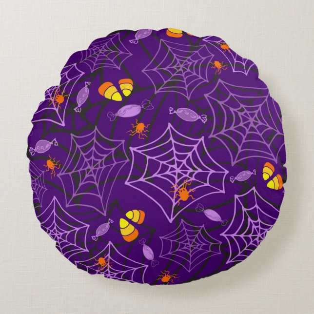 Halloween Spiders & Candy Lila Pillow Rund Kudde (Framsidan)