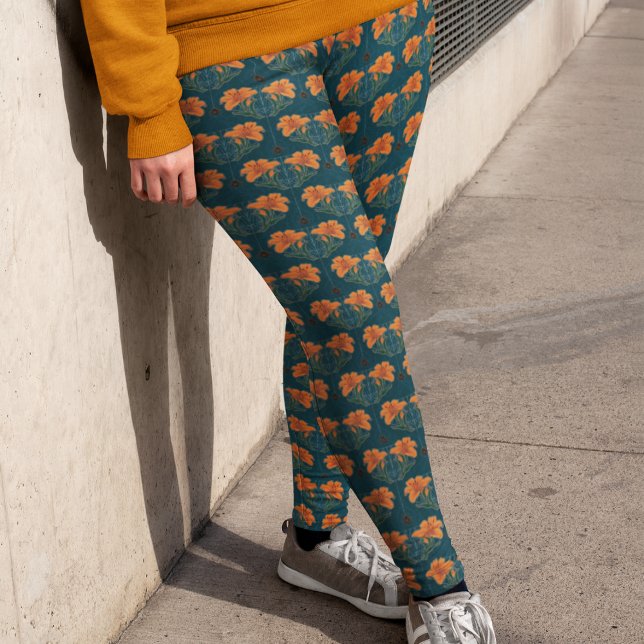 Halloween, Spiders, Websar, Orange Lily, Mörk Stol Leggings (Halloween, Spiders, Webs, Orange Lily, Dark Whimsy Leggings - Small Pattern Repeat)