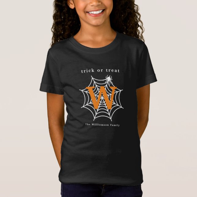 Halloween Spindelnät Bus eller godis Monogram T Shirt (Framsida)