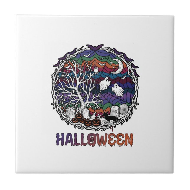 Halloween Spindelnät Träd Spöken Pumpa Gravsten Kakelplatta (Framsidan)