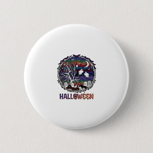 Halloween Spindelnät Träd Spöken Pumpa Gravsten Knapp (Framsida)
