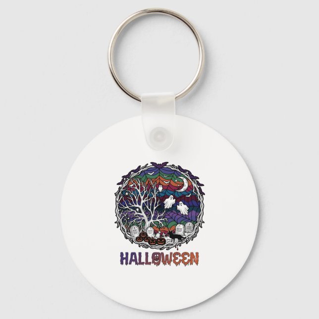 Halloween Spindelnät Träd Spöken Pumpa Gravsten Nyckelring (Framsida)